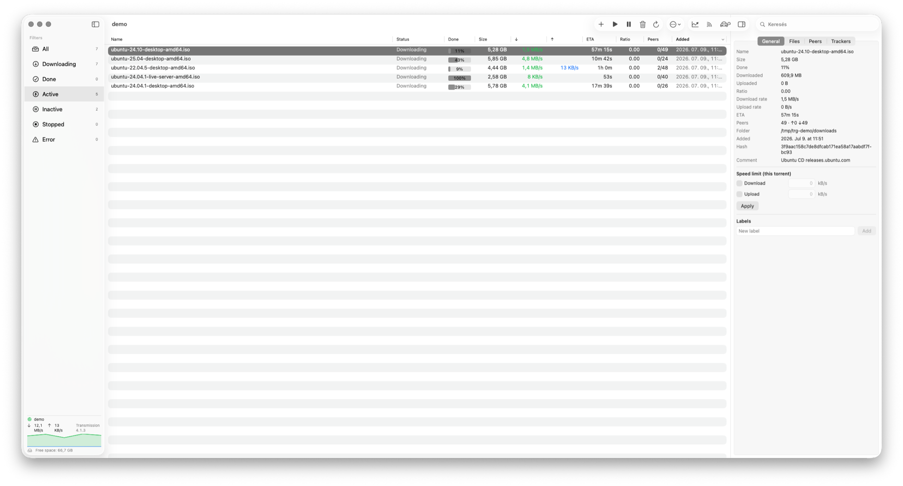 Transmission Remote GUI on macOS — torrent list with sidebar filters and labels, a details inspector with per-torrent speed limit, and a live speed graph